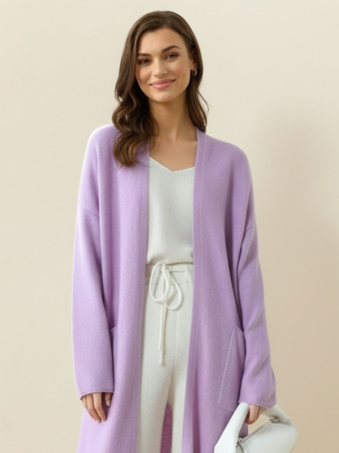 Long Australian Merino Wool cardigan with open front and pockets, perfect for layered fall and winter wear