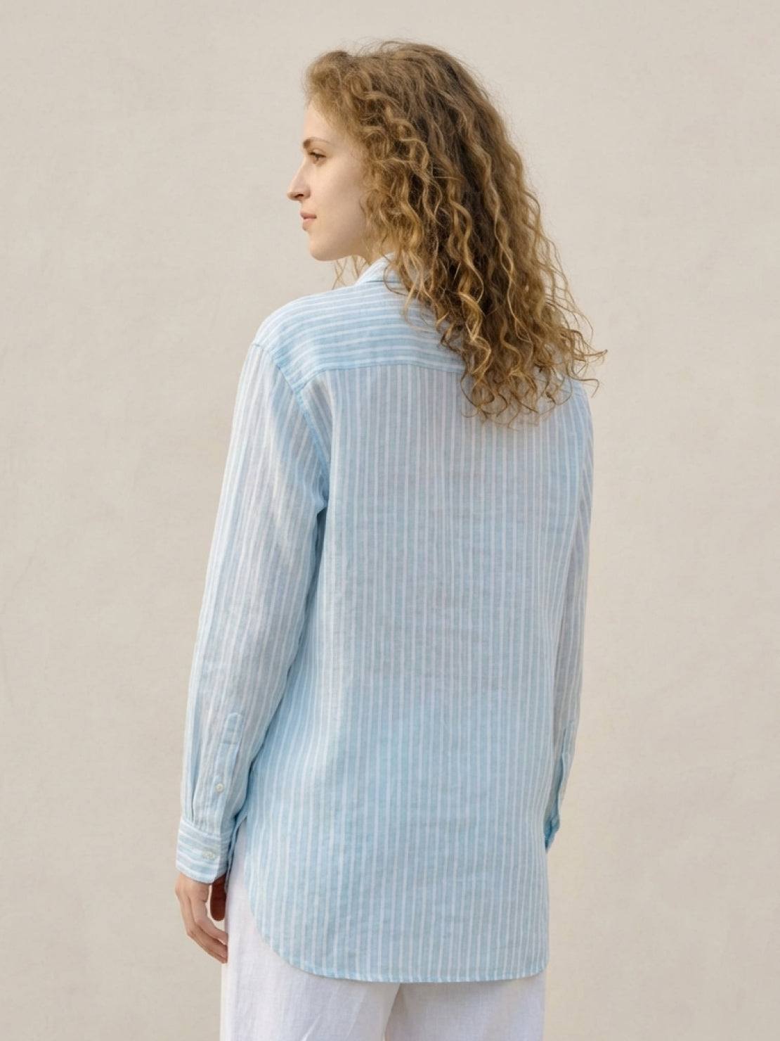 Loose fit 100% linen pinstripe shirt with drop shoulders and curved hem