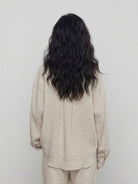 100% cotton-linen oversized classic shirt with dropped shoulders, curved hem, and breathable fabric