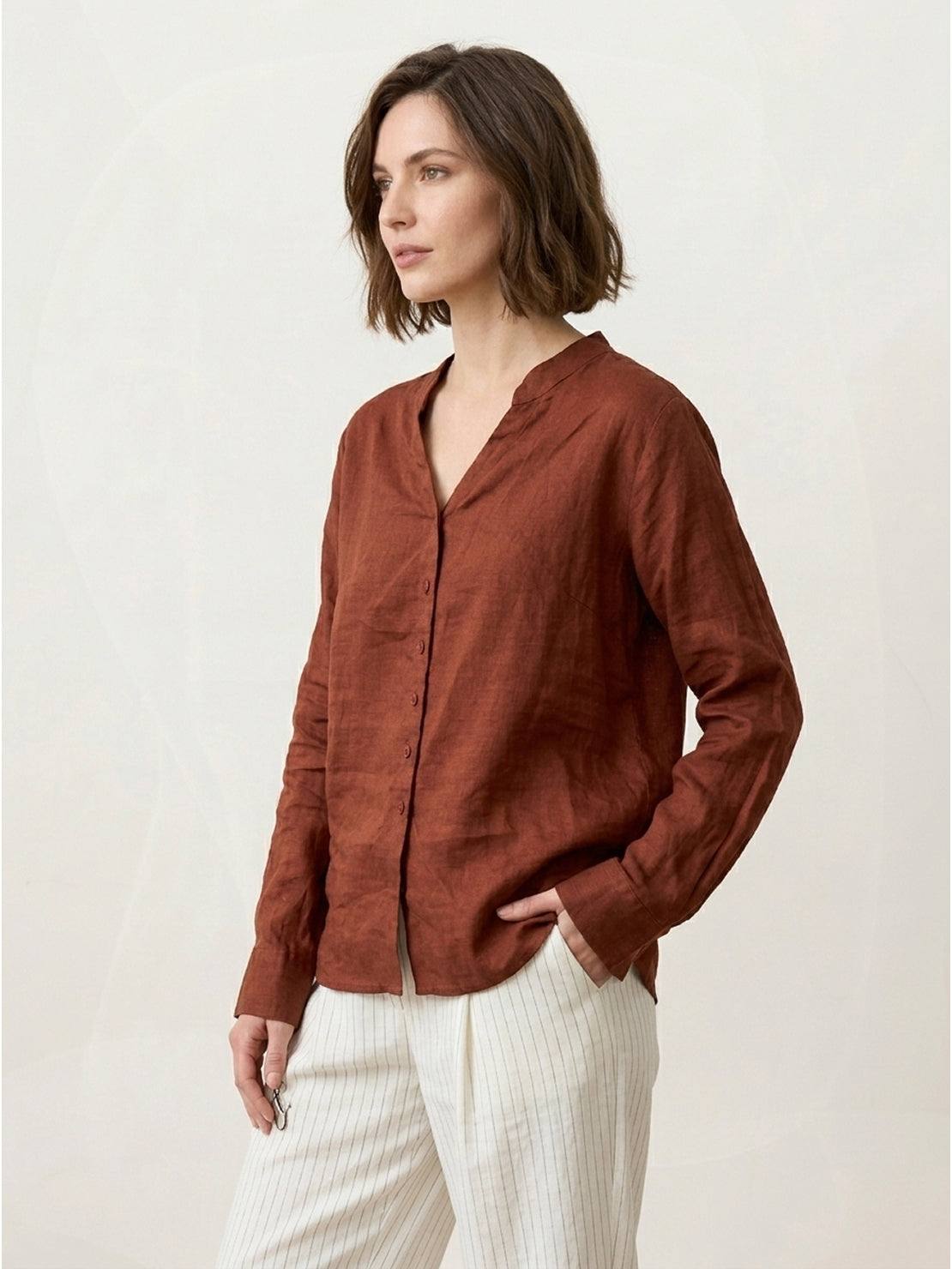 Lightweight relaxed fit 100% linen V-neck shirt with long sleeves and wide cuffs