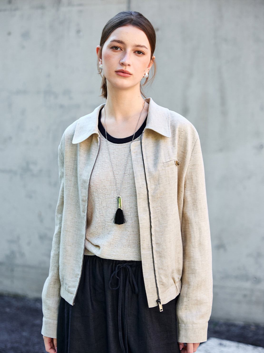 Cropped linen-lyocell zip bomber jacket with ribbed waistband and chest patch pocket